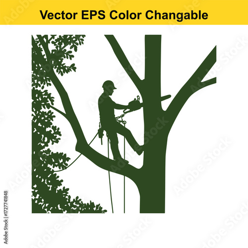 Vector art of arborist silhouette cutting tree branch with chainsaw