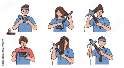 Stylized Illustration of People Styling and Cutting Hair.