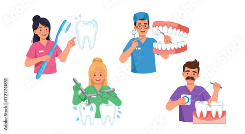 Dental Professionals Demonstrating Oral Hygiene Procedures.