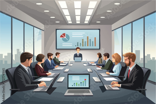 Modern business meeting in a bright conference room with screen presentation