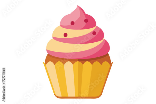 Delicious cupcake with pink and cream frosting and red sprinkles, isolated on white