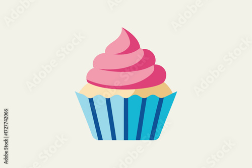Simple flat design displays a cupcake with pink frosting and a blue wrapper