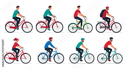 Collection of Cyclists Riding Various Colorful Bicycles in Profile.
