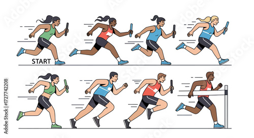 Collection of diverse track and field athletes running relay races and jumping hurdles.