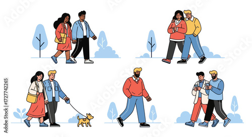 Illustrated Diverse People Walking Outdoors: Couples Friends and Dog Walkers.