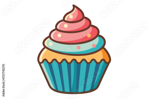 Cartoon cupcake displays tiered frosting with pink, blue, and yellow toppings against a white backdrop