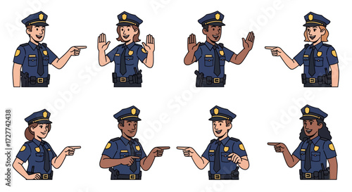 Cartoon Police Officers in Uniform Pointing and Gesturing.