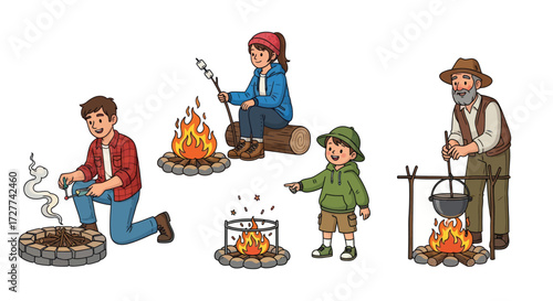 Cartoon People Enjoying Campfires Outdoor Cooking and Camping Activities.