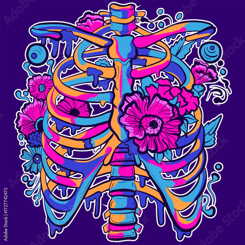 Artistic sticker of a floral rib cage with flowers, leaves and dripping slime. Psychedelic romantic spine with roses, poppies and colors for a gothic Halloween