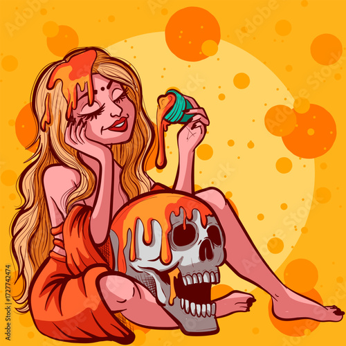 Acid trippy blonde woman pouring slime on a skull. Halloween psychedelic girl splashing dripping goo on a skeleton head.