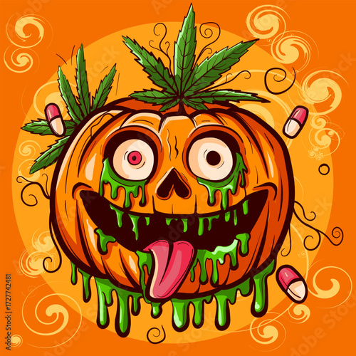 Acid trippy pumpkin head with leaves, pills and green slime. Halloween crazy jack o lantern with its tongue out.