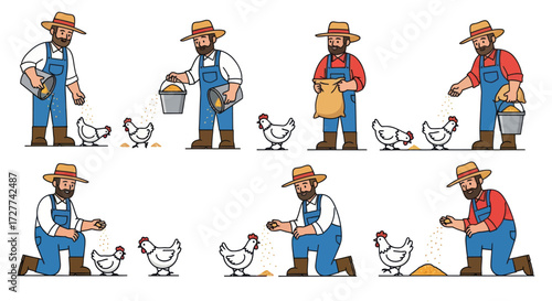 Cartoon Farmers Feeding Chickens: Agricultural Scene with Men and Poultry.