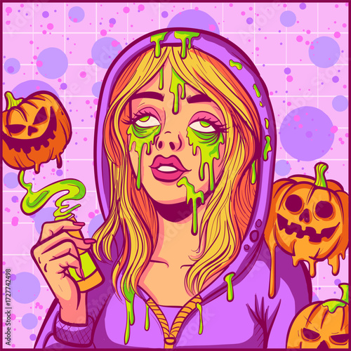 Acid trippy stoned illustration of a blonde girl surrounded by pumpkins and green slime. Stoner drawing of a woman in a hoodie celebrating Halloween