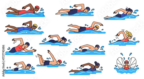 Diverse Cartoon Swimmers Performing Various Strokes in Water.