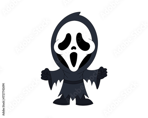 A cute cartoon illustration of a spooky character in a screaming phantom costume, perfect for Halloween designs and scary themes