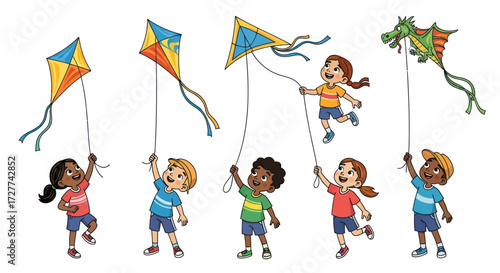 Diverse group of happy children flying colorful kites in the sky.