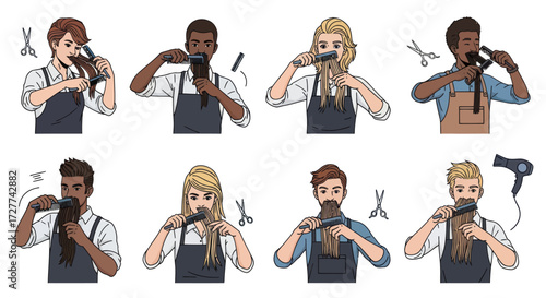 Diverse Group of People Trimming and Styling Beards with Scissors and Tools.