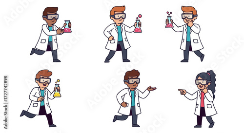 Diverse cartoon scientists in lab coats conducting experiments with beakers and flasks.