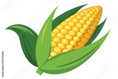 Fresh ear of corn showcases a bright yellow color with vibrant green leaves