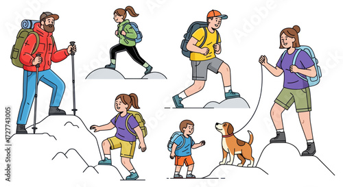 Group of Hikers Climbing Mountains with Backpacks and Dog.