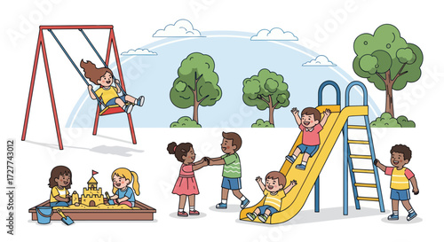 Colorful illustration of diverse children playing happily together at an outdoor park playground.