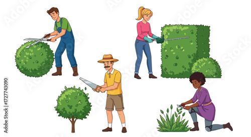 Diverse People Trimming Various Shaped Hedges and Grass.