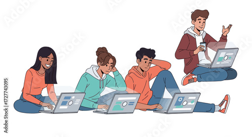 Diverse group of young people collaborating on laptops.