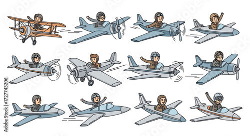 Collection of Hand-Drawn Cartoon Airplanes with Pilots in Various Flight Poses.