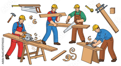 Cartoon Carpenters Working with Wood and Various Tools.