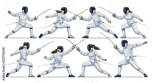 Dynamic Fencing Duel Illustrations Showcasing Athleticism and Skill.