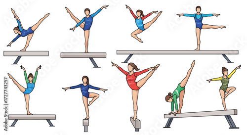 Set of hand-drawn female gymnasts in colorful leotards performing artistic routines on a balance beam.