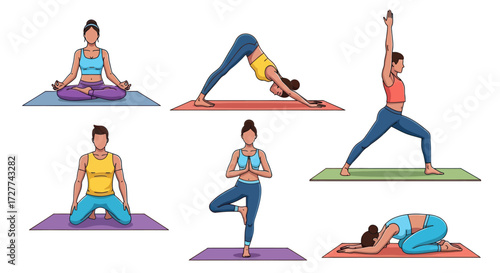 Six Diverse Yoga Poses on Colorful Mats.