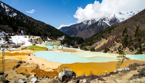 Vivid terraced pools in a mountain valley, dotted with patches of snow and vegetation