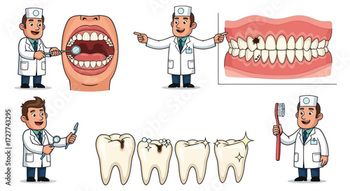 A collection of cartoon illustrations showing a dentist dental procedures tooth decay and oral hygiene concepts.