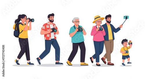 Group of Diverse Tourists Taking Pictures with Cameras and Phones.