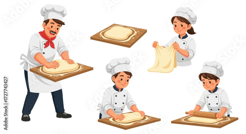 Cartoon Chefs Preparing Dough for Baking Kneading and Rolling.