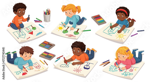 Diverse Children Engaged in Creative Drawing Activity.