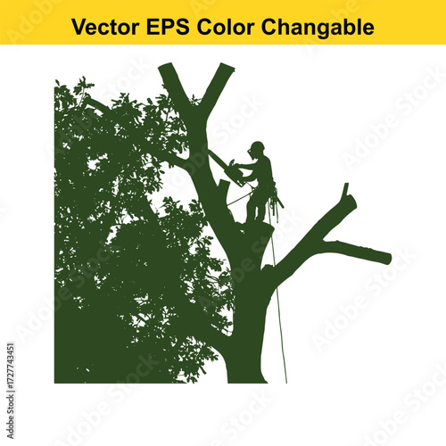 Vector art of silhouette of a tree trimmer with chainsaw working on a tree