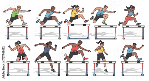 Diverse athletes in mid-stride leaping over hurdles during a track and field race.