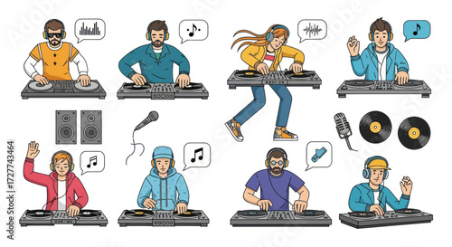 Diverse Group of DJs Performing with Turntables and Headphones.