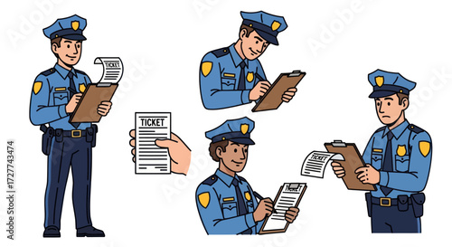 Cartoon Police Officers Writing Tickets and Issuing Fines.