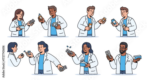 A collection of diverse cartoon doctors and pharmacists in white coats holding various medications like pills and bottles.