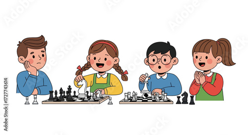 Four Cartoon Children Playing Chess with Concentration and Focus.