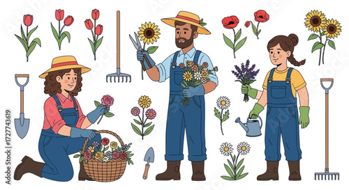 Happy Cartoon Gardeners with Various Flowers and Gardening Tools.