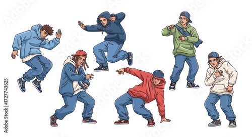 Group of Male Breakdancers in Various Poses Wearing Casual Streetwear Performing Dance Moves.