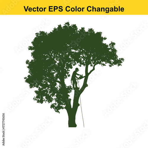 Vector art of silhouette of a tree trimmer working on a tree