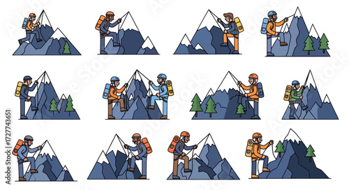 Cartoon Climbers Scaling Snowy Mountains with Backpacks and Gear.