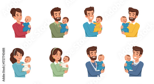 Diverse Parents Holding Babies: Cartoon Illustrations of Mother and Father Figures with Infants.