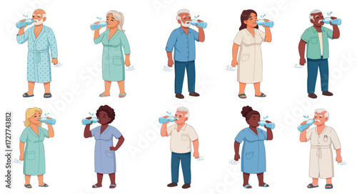 Diverse Cartoon People Using Inhalers for Respiratory Health.