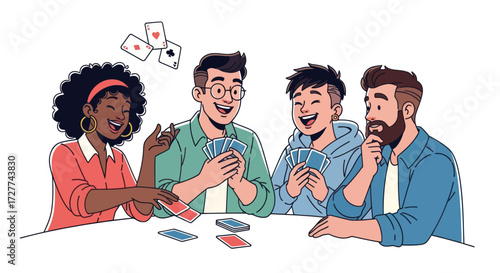 Diverse group of friends enjoying a lively card game together at a table.